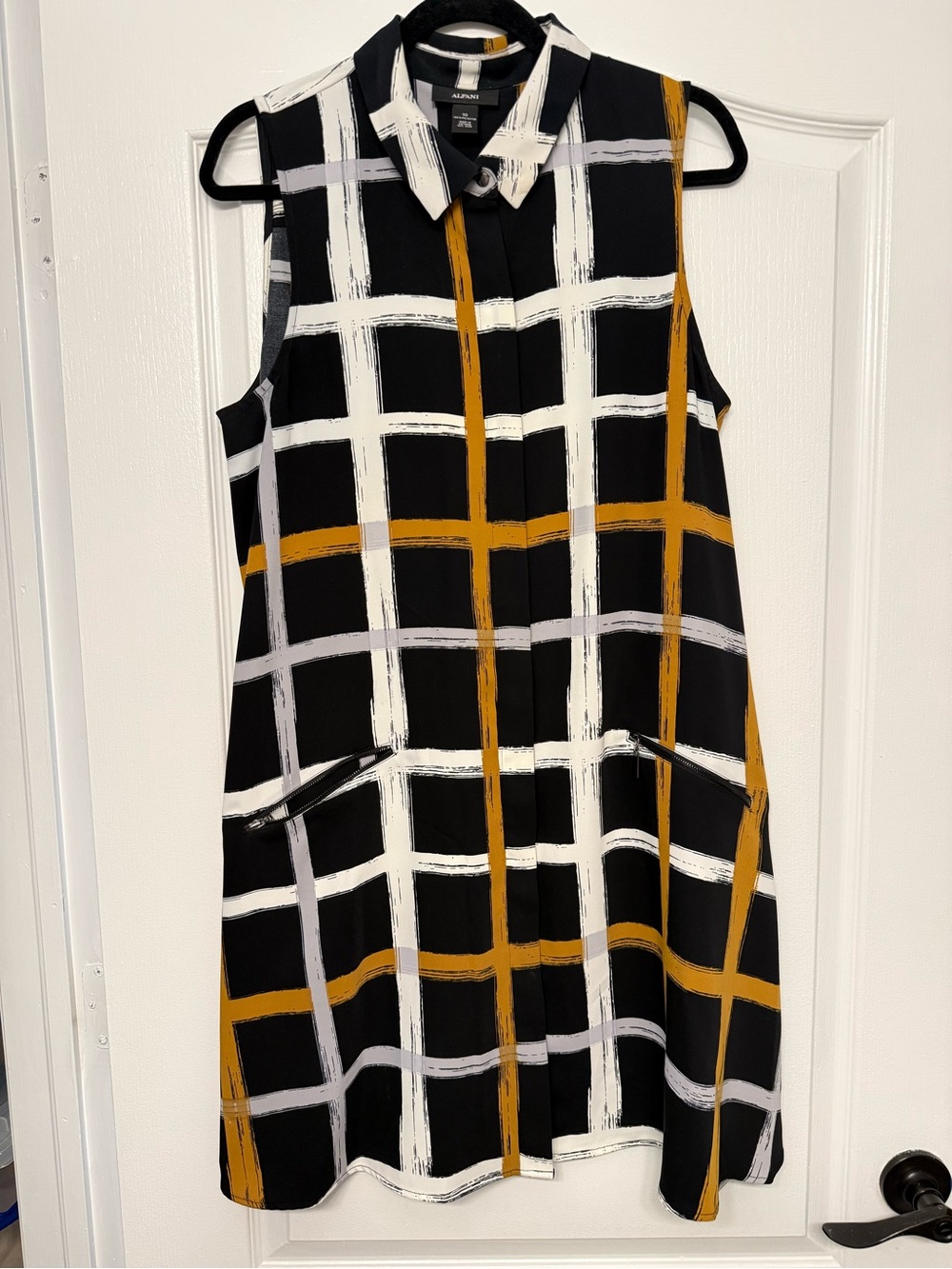Alfani Size 10 Plaid Sleeveless Tunic Dress Black Mustard Pockets